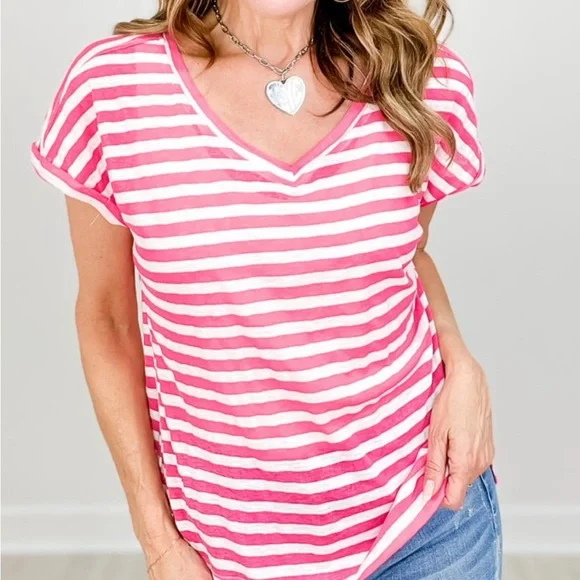 STACCATO V-Neck Short Sleeve Striped Slub Knit Top L Hot Pink - Picture 1 of 10